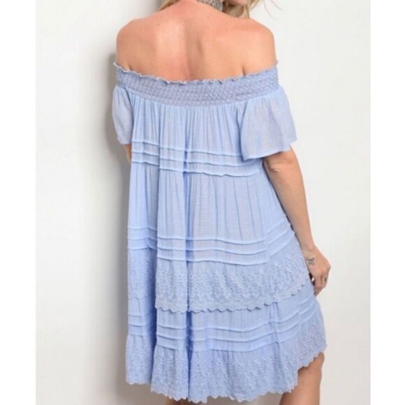 Ruffles and lace off the shoulder dress light blue - Picture 3 of 5